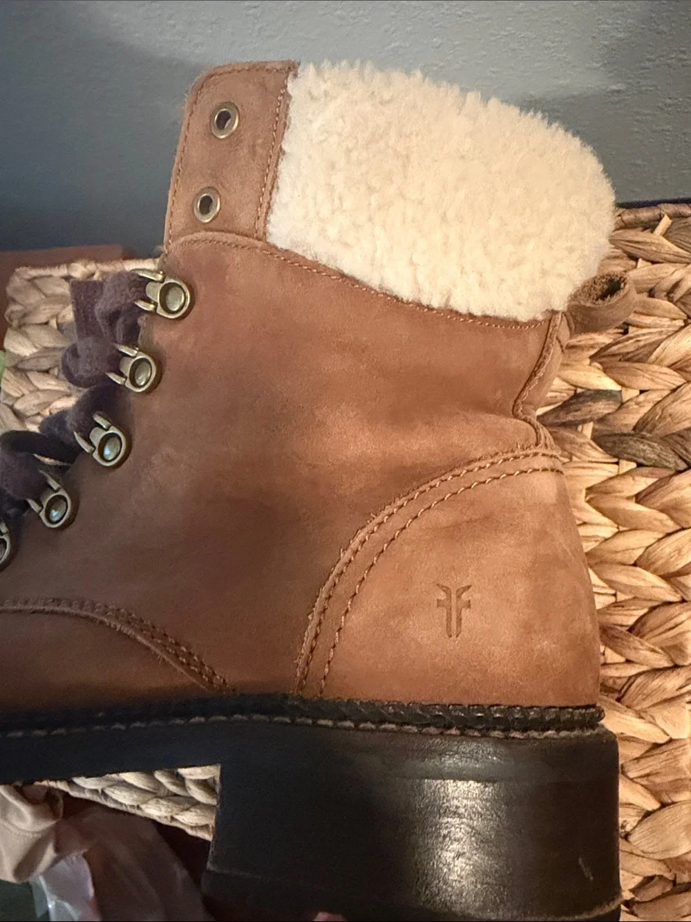 Frye Brown Leather Winter Boots with Purple Laces